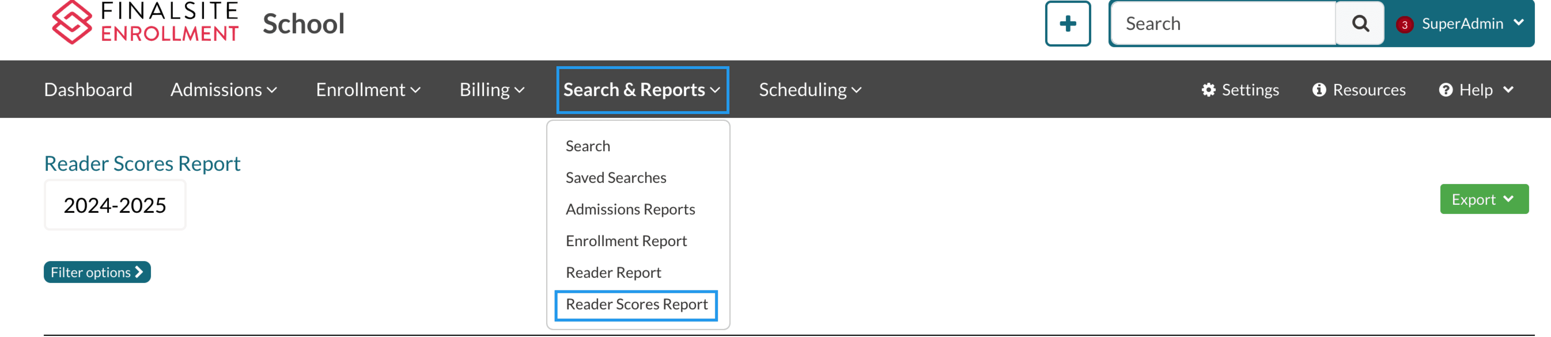 Navigation to the reader scores report highlighted