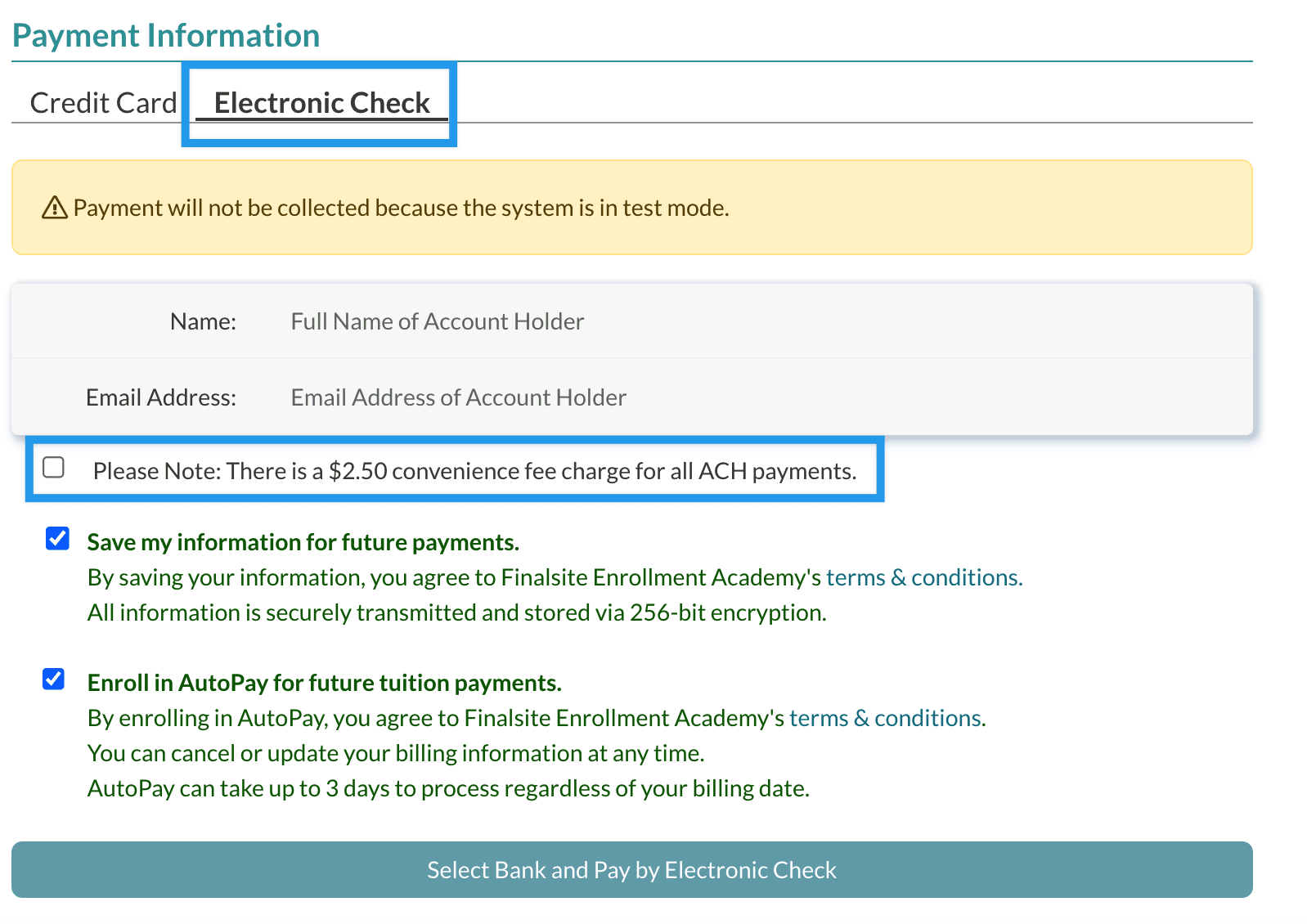 convenience fee langauge in the parent portal make a payment page