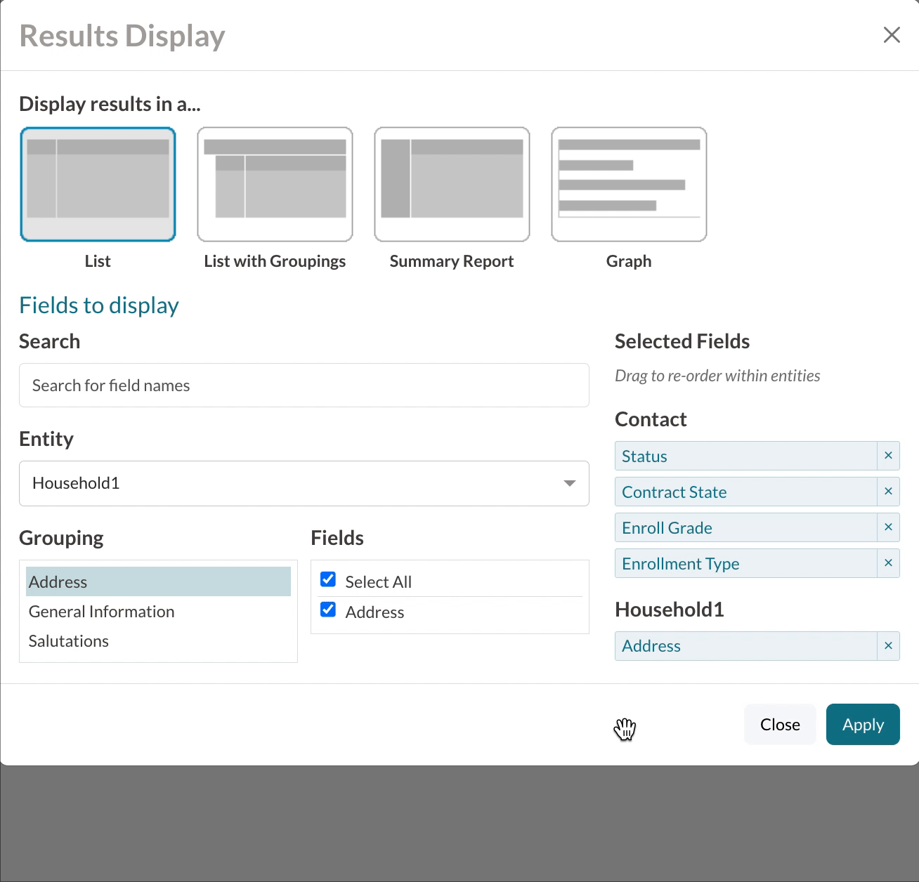 GIF of using change display/columns to pull in the name and cell phone numbers of parents 1 and 2.gif