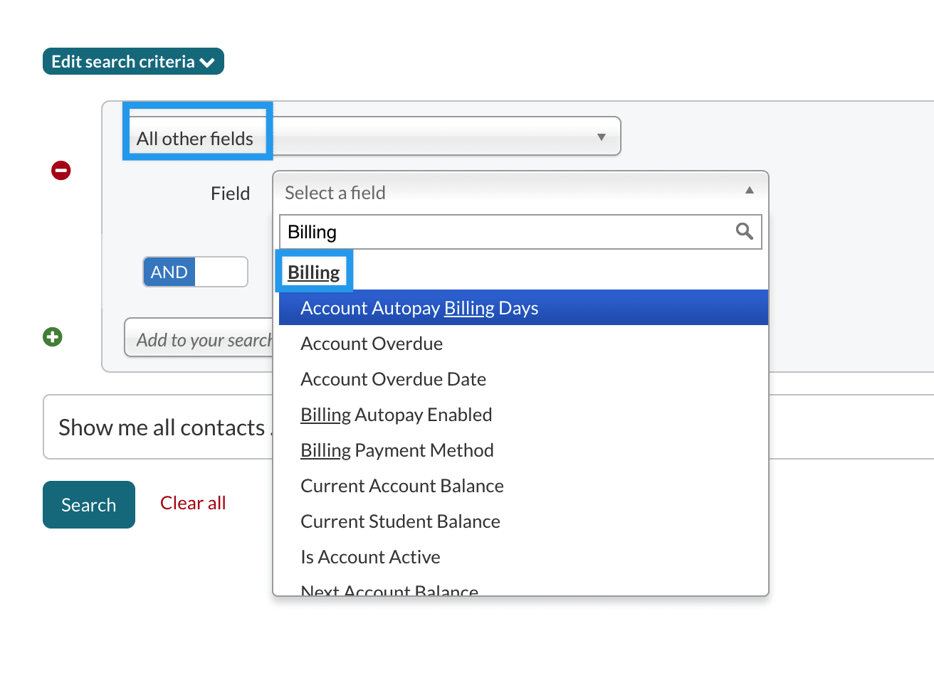 An example search using the All other fields search criteria to show the Billing options