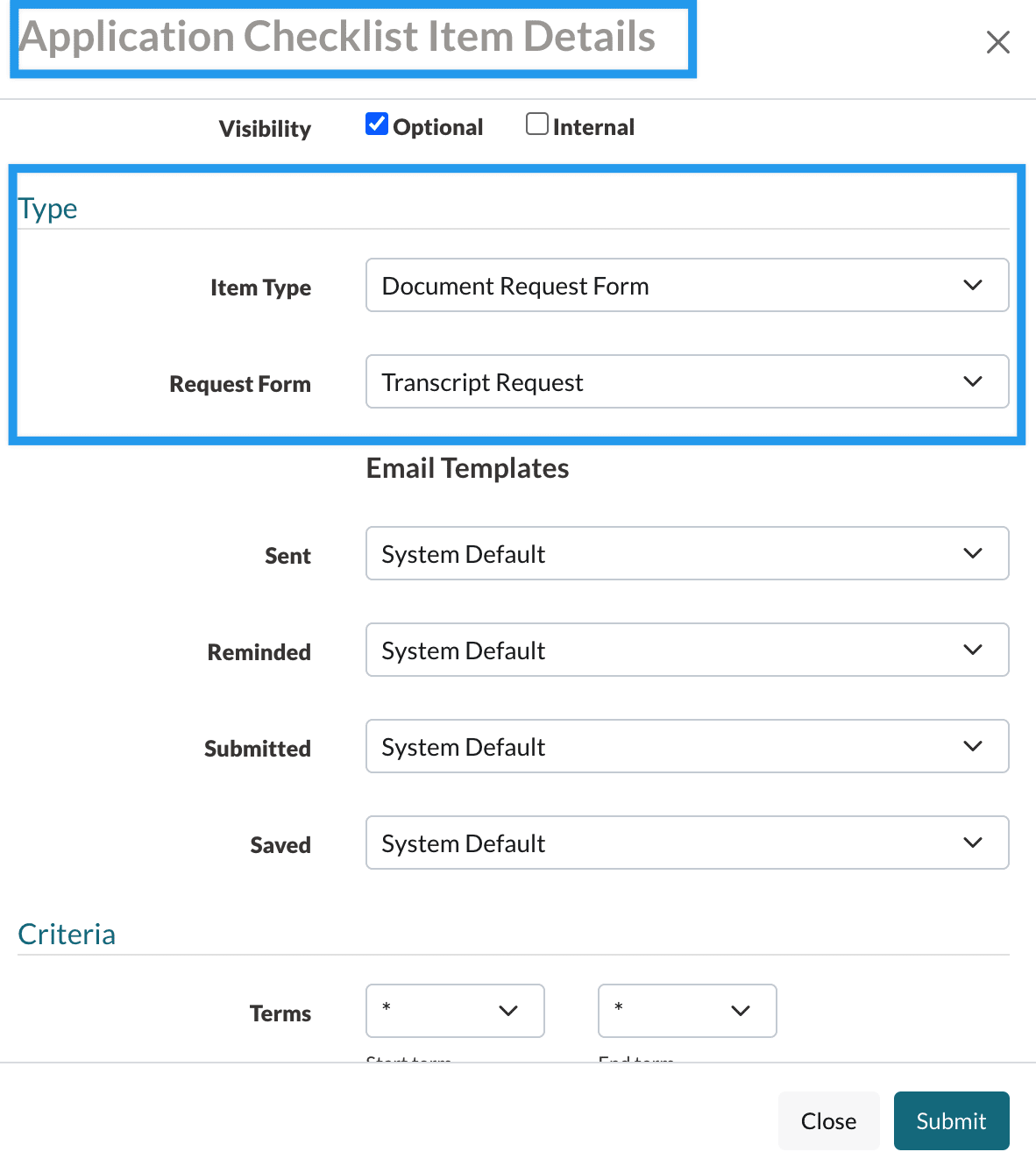 Setting up a Document Request Checklist item.