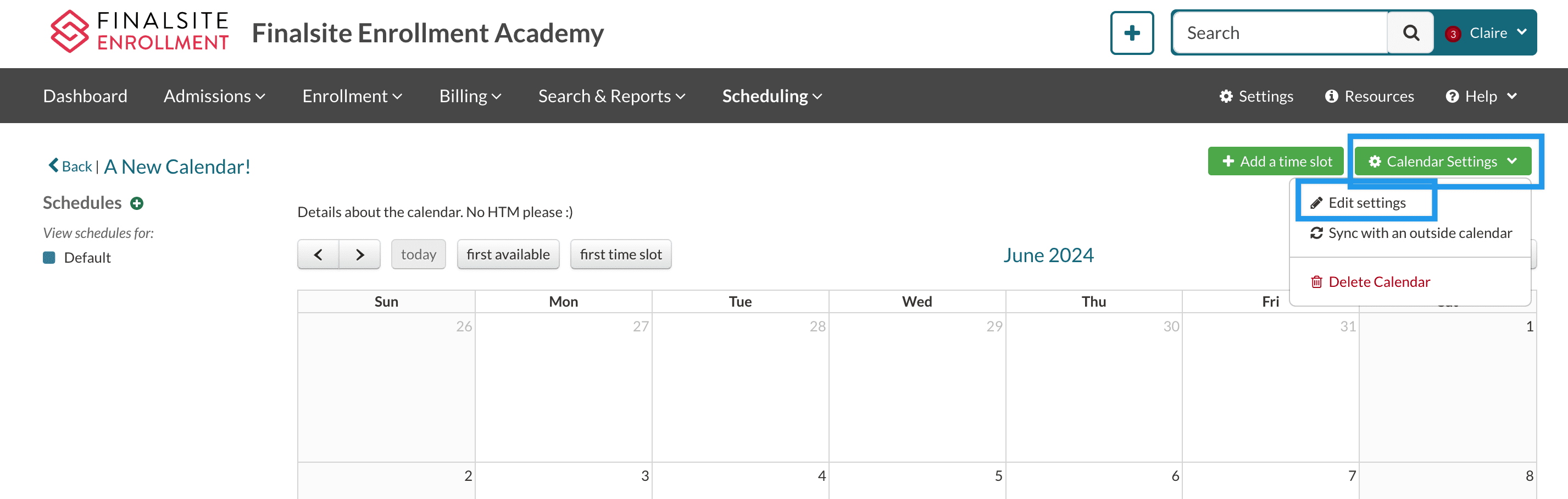 Where to find the Edit Settings options in a Calendar page.