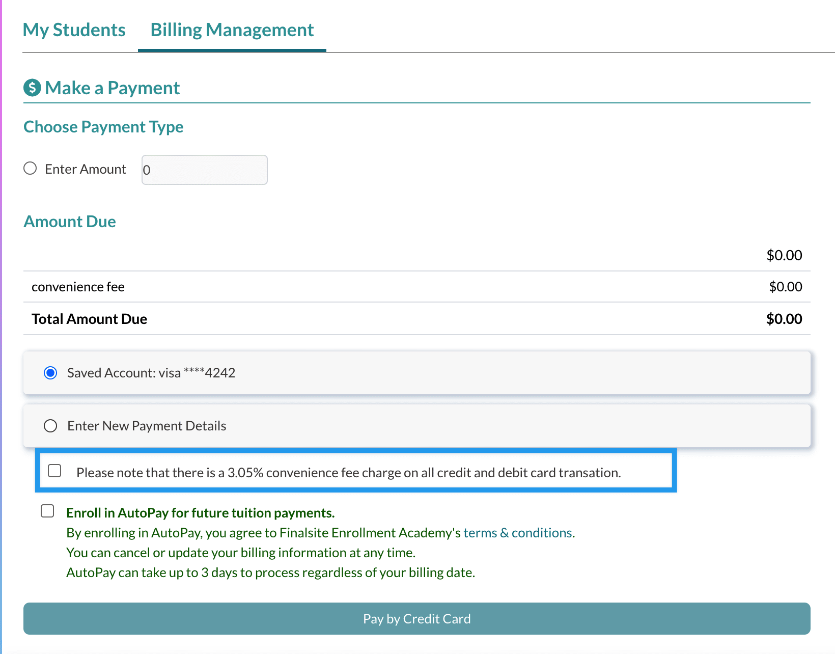 Credit Card Convenience Fee messaging below the payment section of the billing management tab