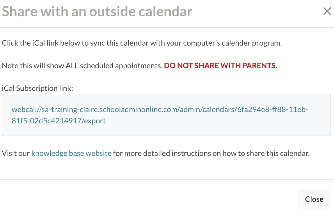 The pop-up that shows when you select to sync with an external calendar