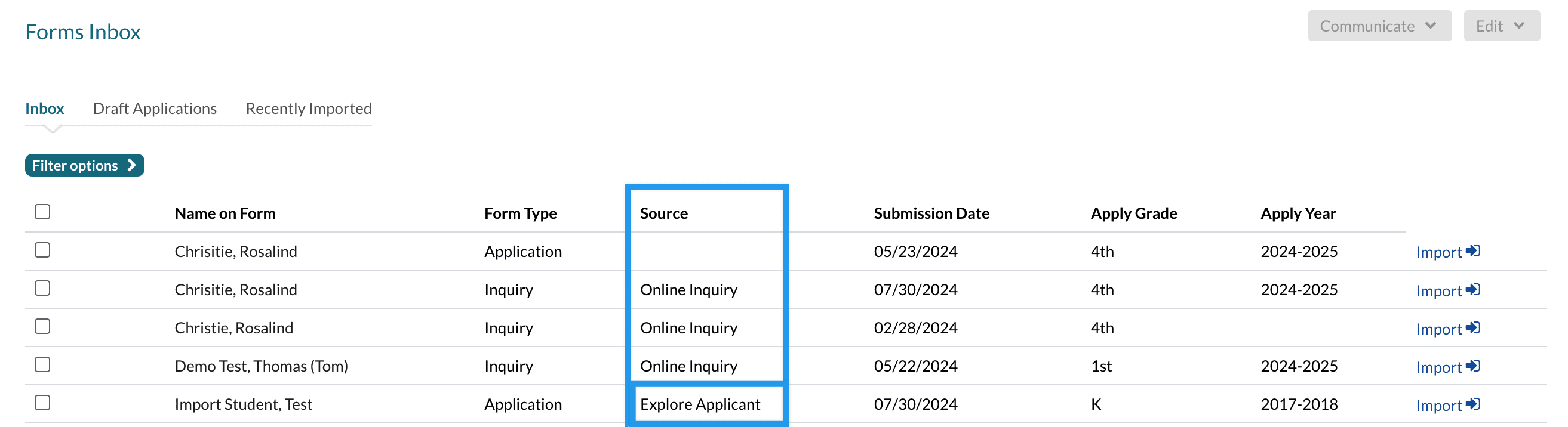 Forms inbox showing an import from Finalsite Explore.png