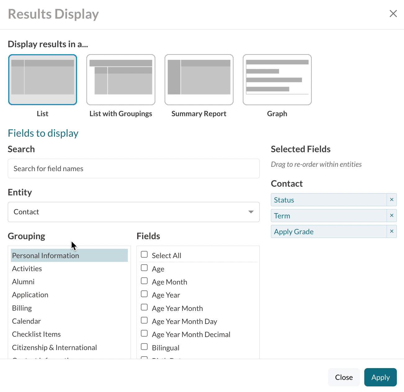 GIF of using the grouping section to view lists of fields