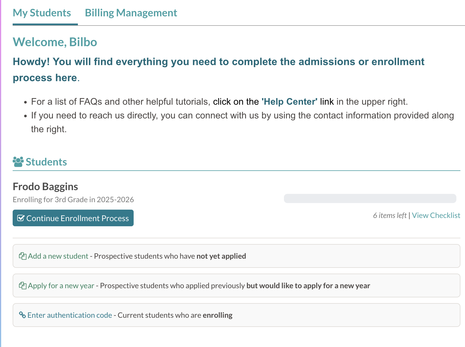 Example parent portal with enrollment enabled