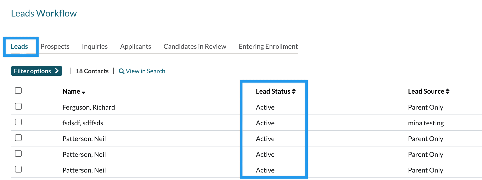 Lead Workflow page with the Lead Status column highlighted.