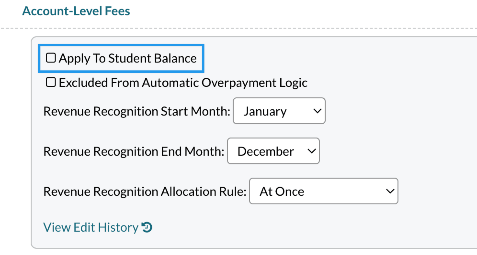 Parent-level fee setup on the billing categories page (showing the Apply to Student Balance Box unchecked).