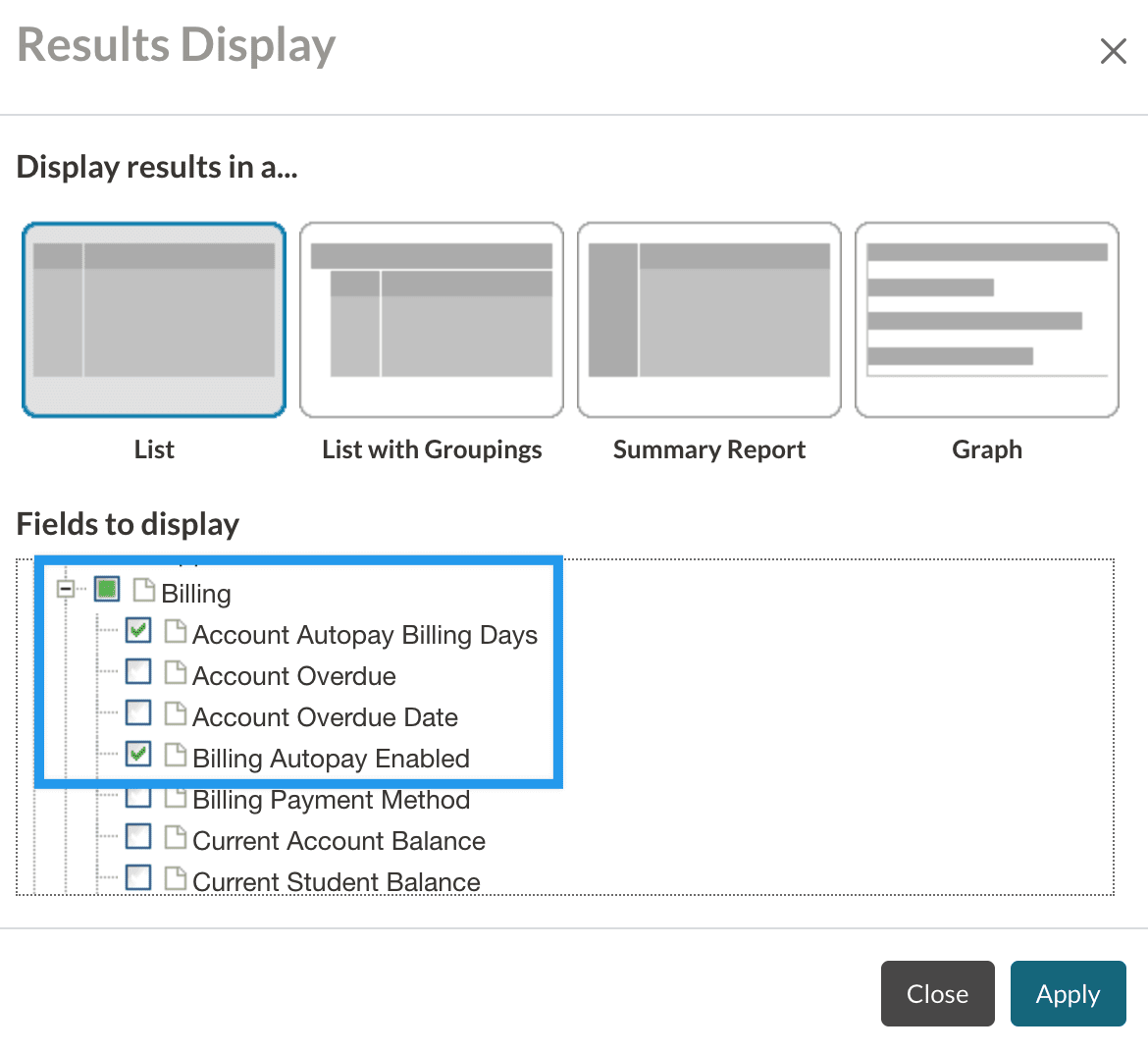 Autopay columns within the Change Display/Columns pop-up in a search.