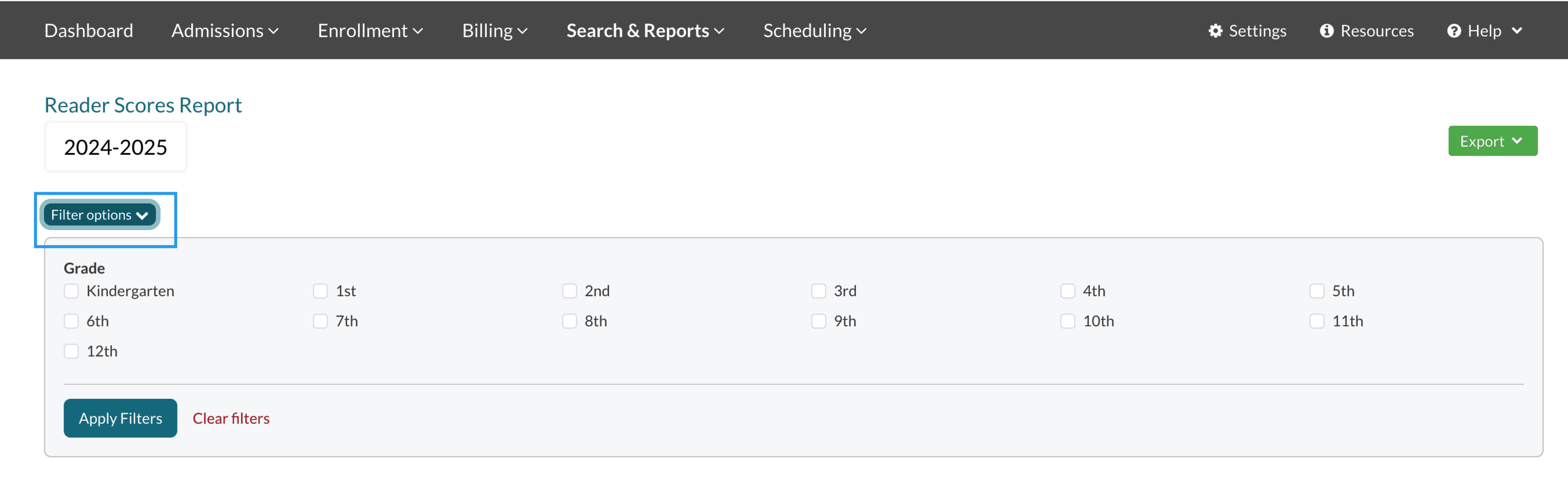 Filter Options expanded in the Reader Scores Report