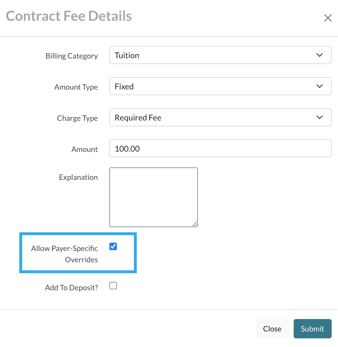 contract fee details dialogue box showing the Payer Specific Override checkbox.