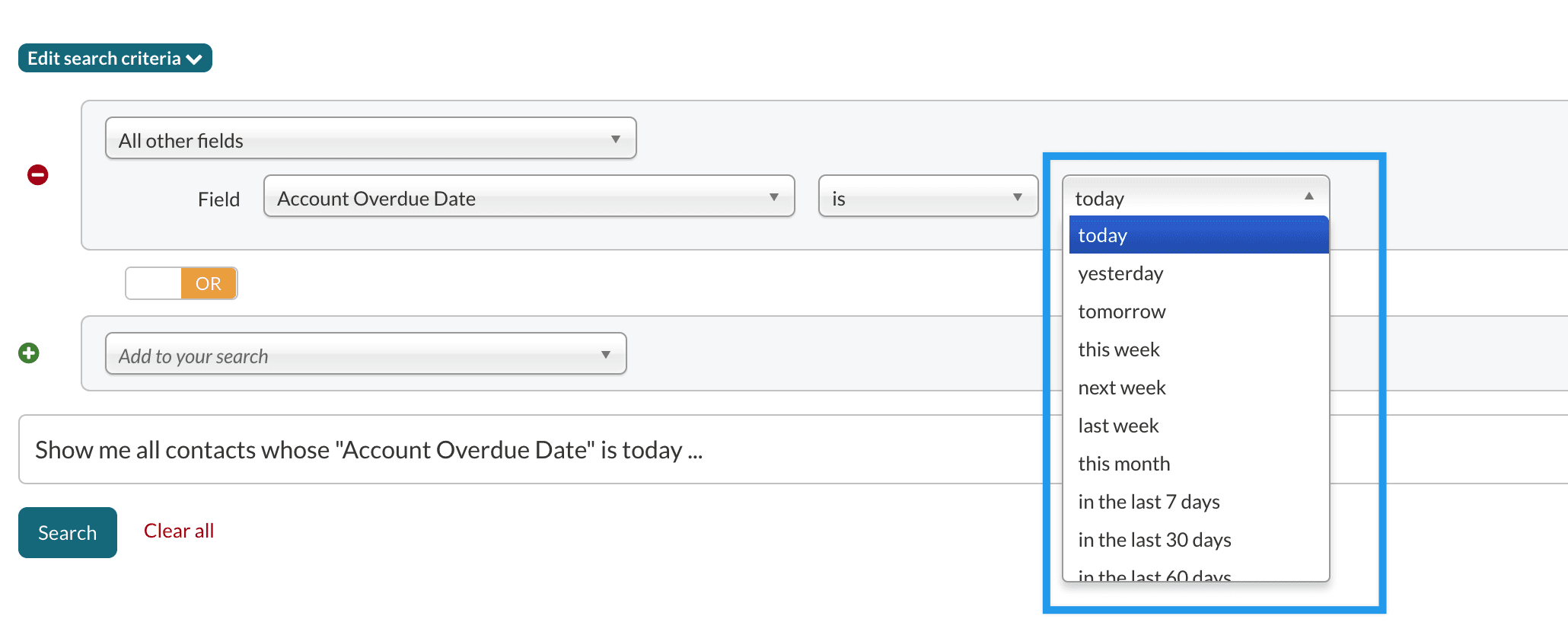 Showing the date options in an example account overdue search