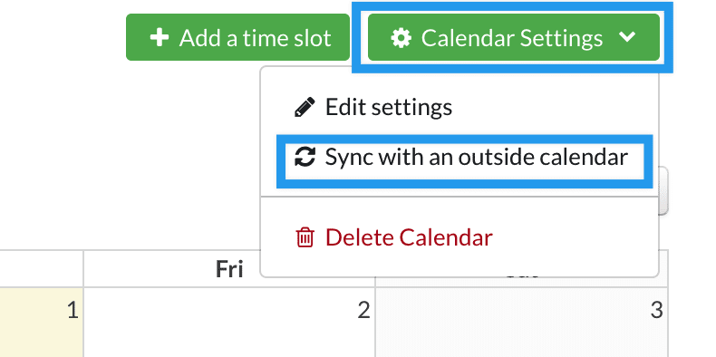 Navigation to the external calendar sync option.