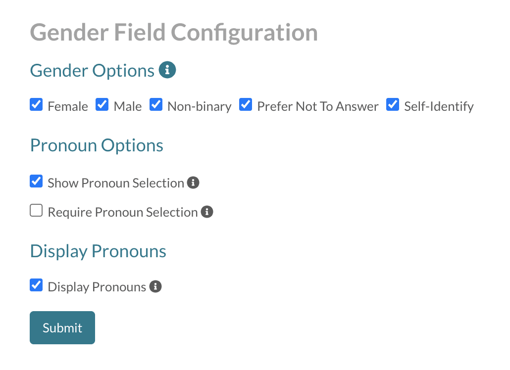 The gender configuration page at a glnace.