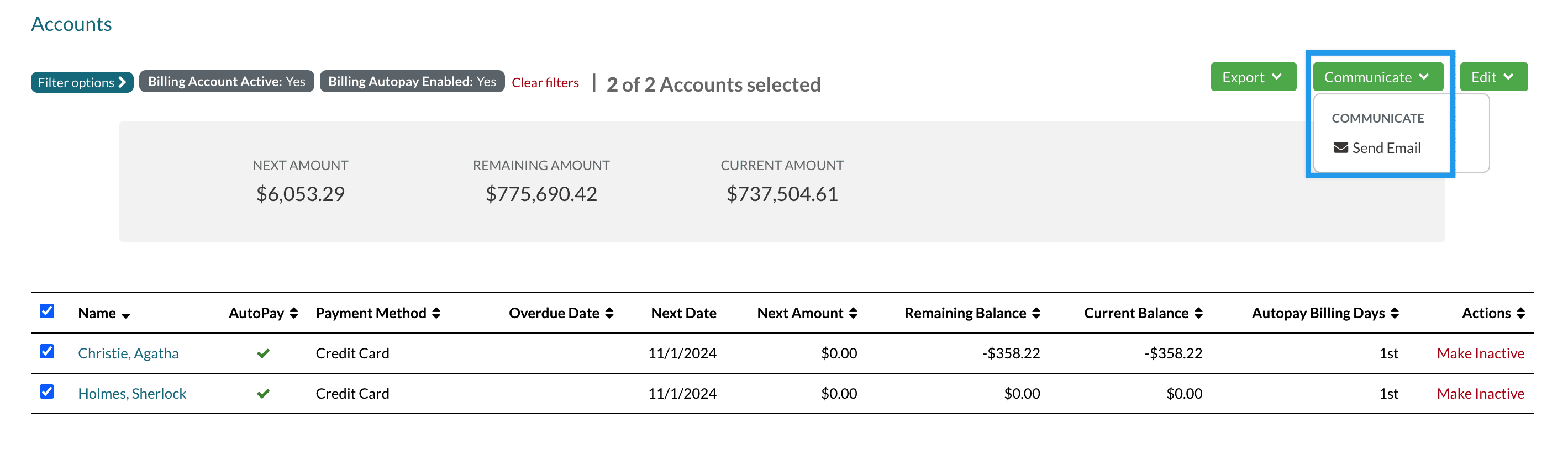 The accounts list page with the Communicate menu open