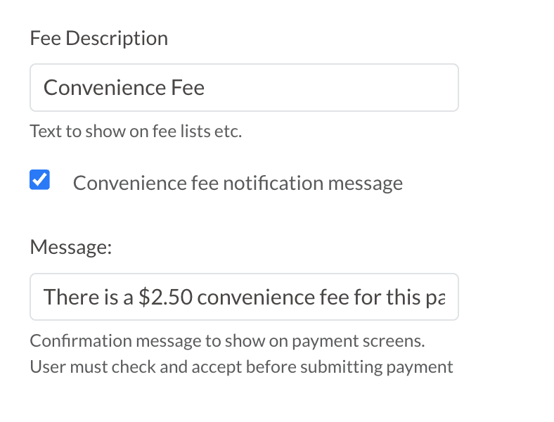 Fee messaging and label section for electronic checks in the Payment setup page