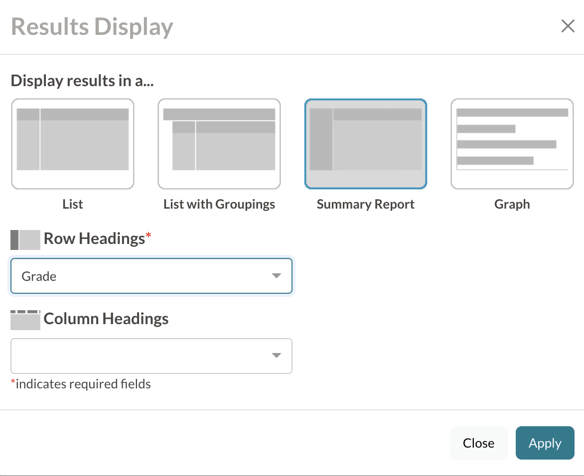 The Change Display/Columns pop-up open showing Grade selected as the Row Heading.