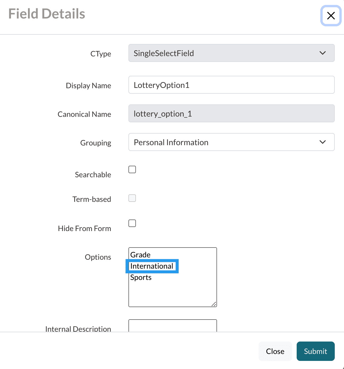 Lottery Option 1 Field Options