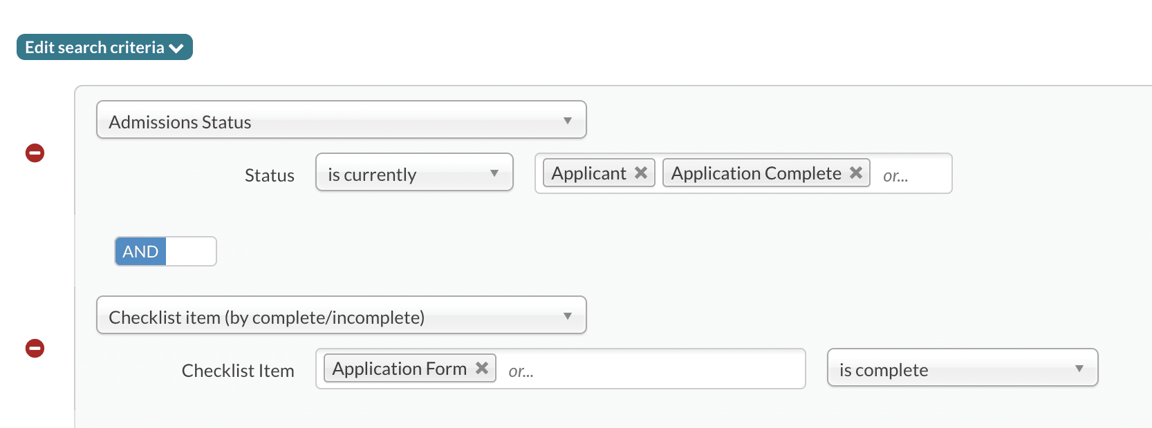 Example search criteria for a search for students whose Admissions status is currently Applicant or Application Complete with their Application submitted