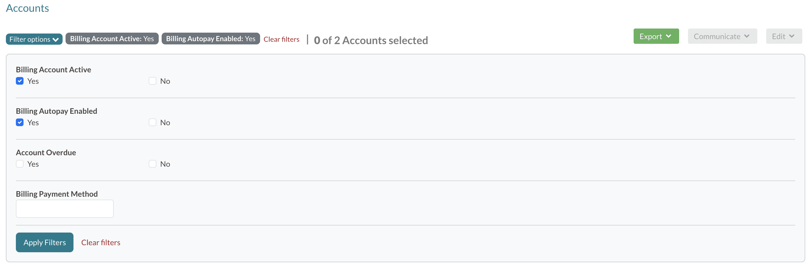 Filter options on the Accounts page