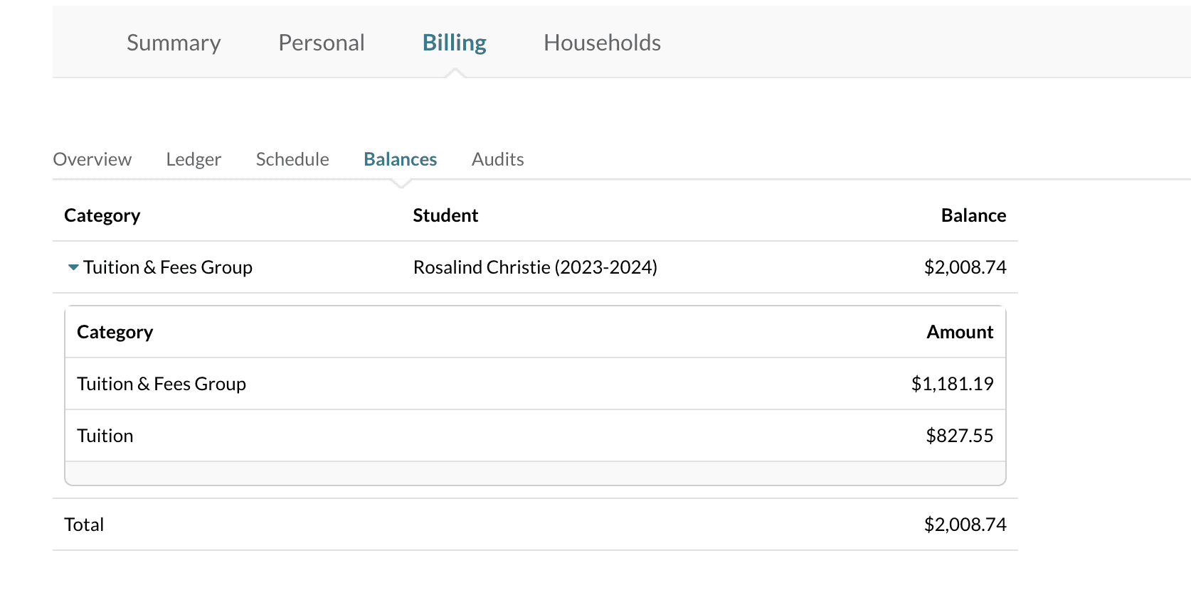 Example balance tab on the parent ledger.