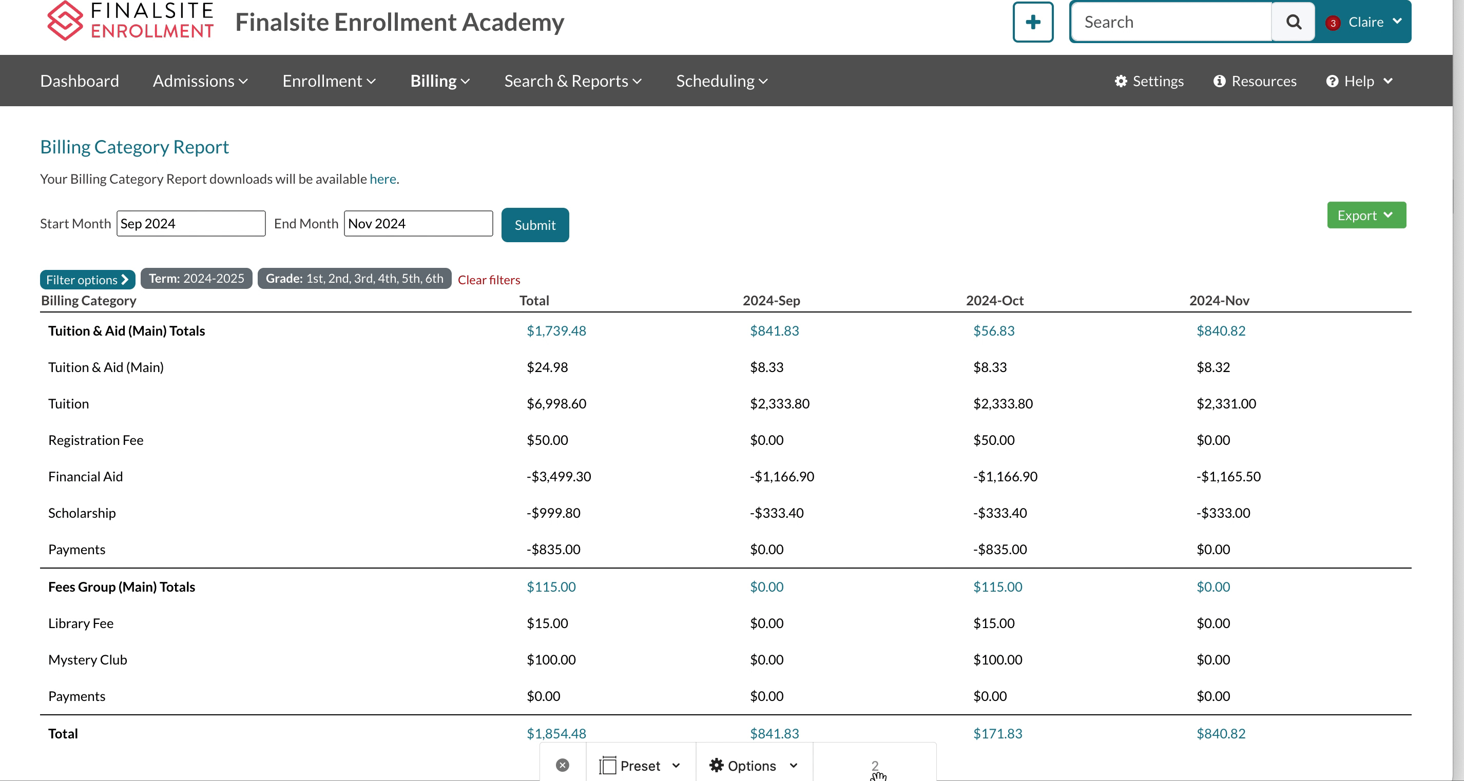 GIF of clicking the totals in the Billing Category report to open the numbers in the Ledger report