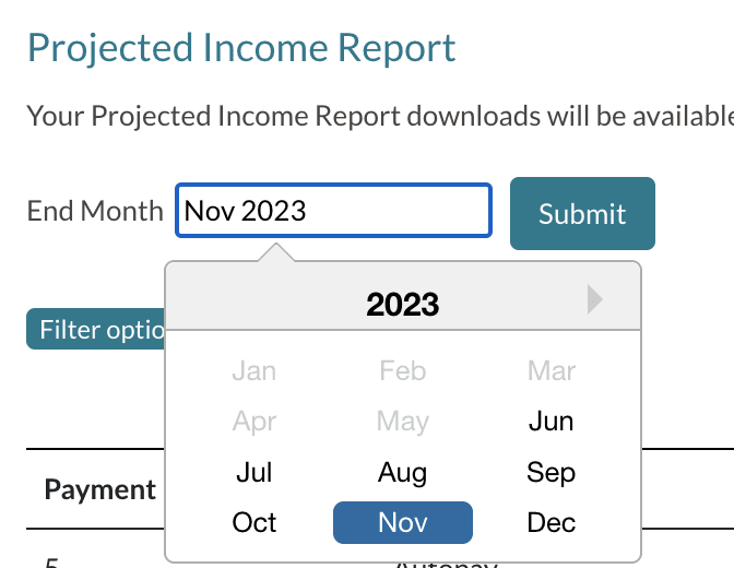 End term selector on the projected income report.
