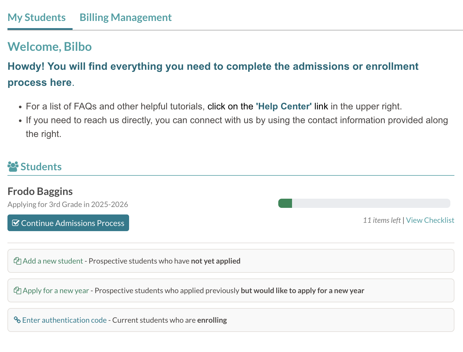 Example parent portal with a student attached, admission and checklist are both enabled