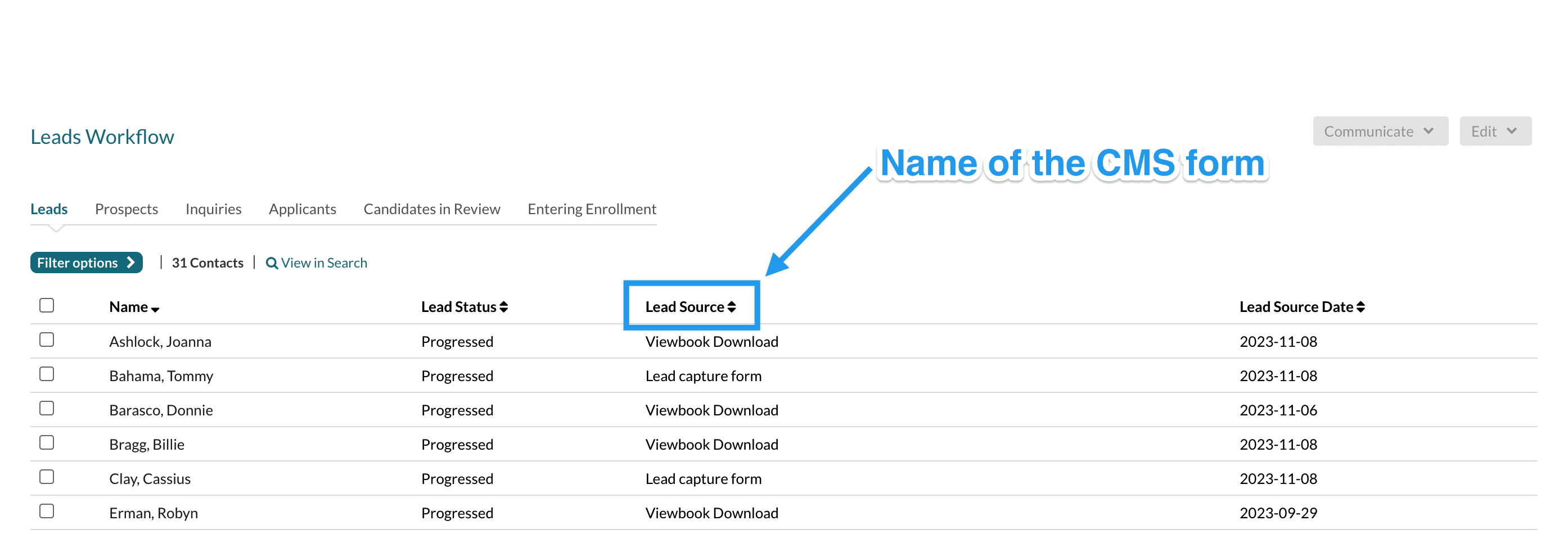 View of the Leads Workflow list page