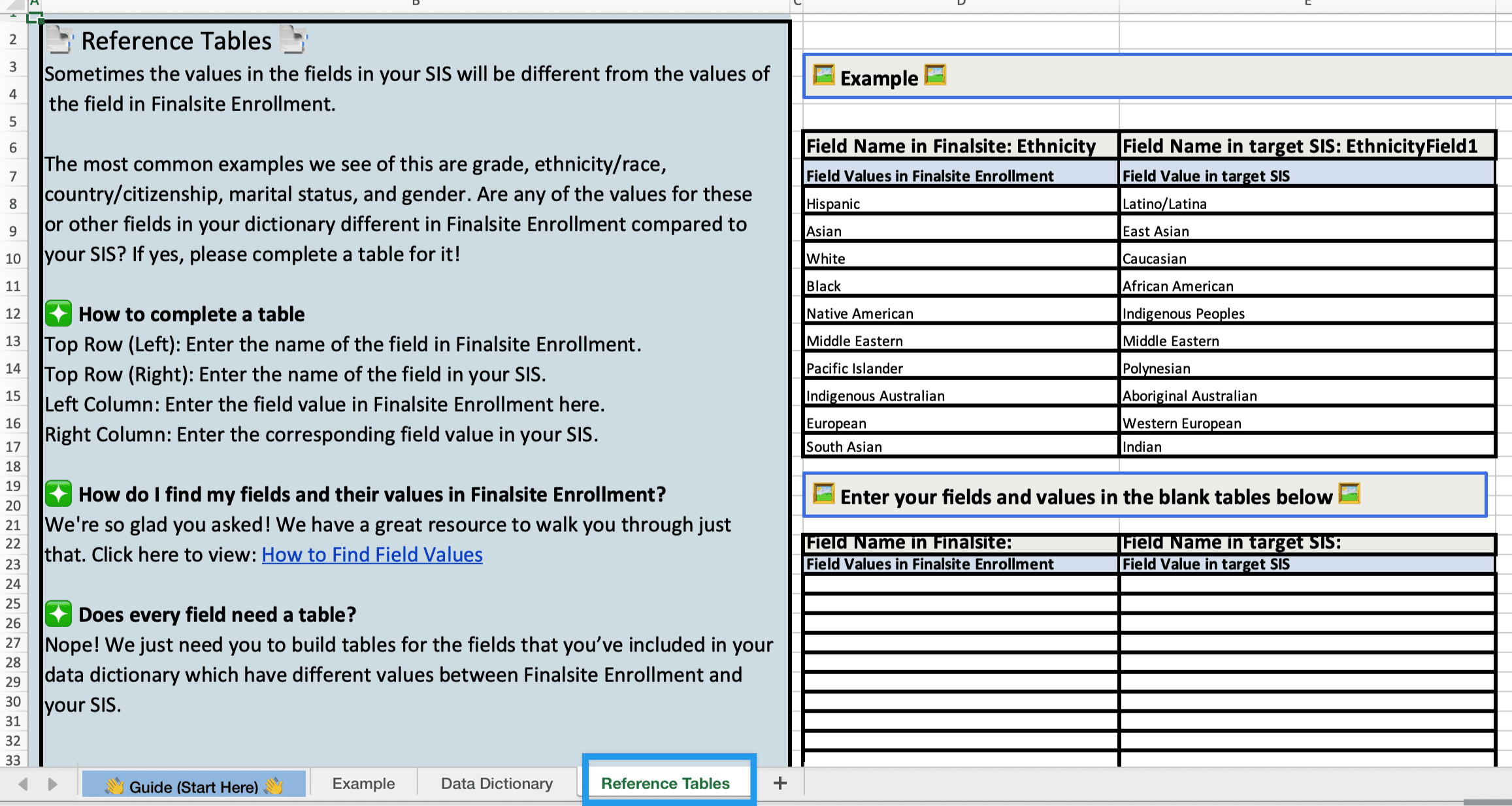 Example of the Reference Table tab in the generic data dictionary