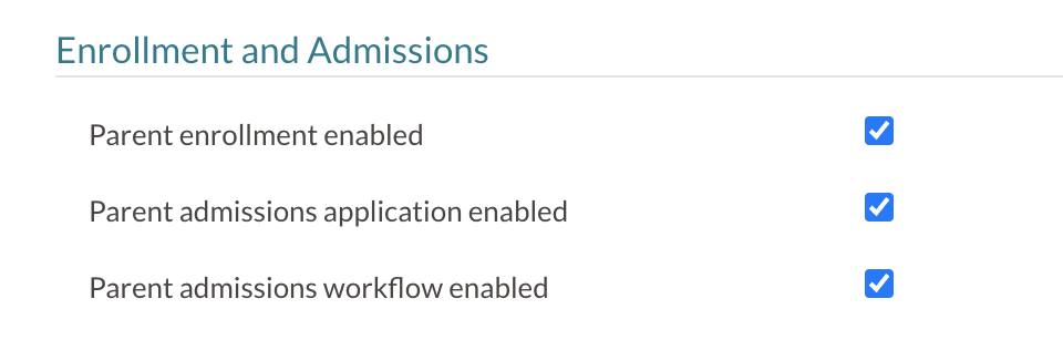 Enrollment and Admissions section of the Parent Portal content page