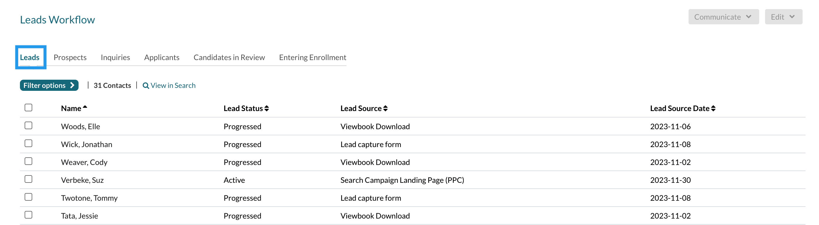 Leads Workflow page