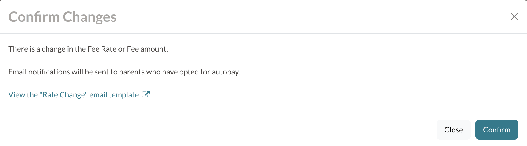 Confirmation pop-up that appears in the payment setup page when the rate is updated.