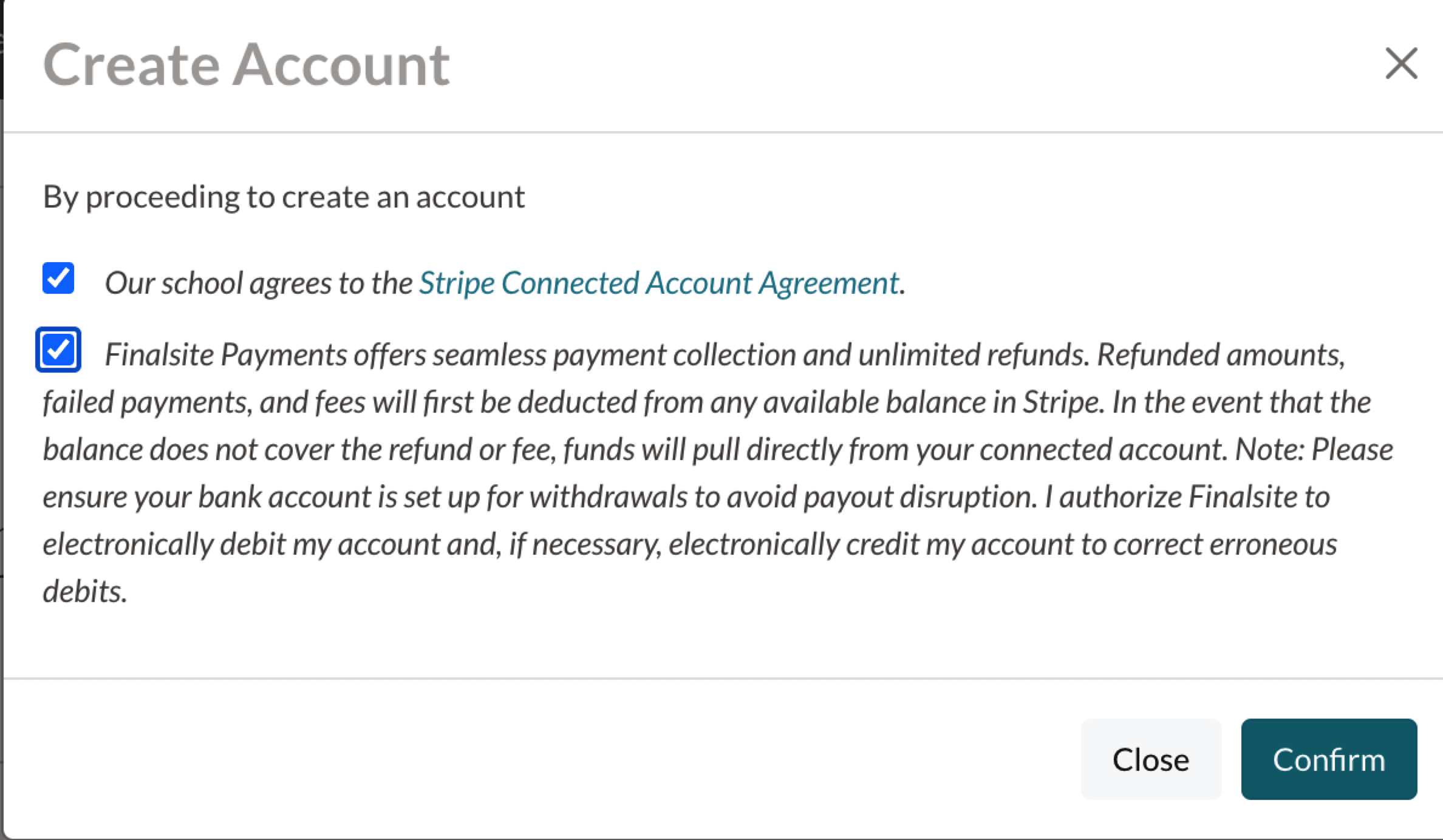 Step 1 pop-up box (enable refunds and accept stripe's terms