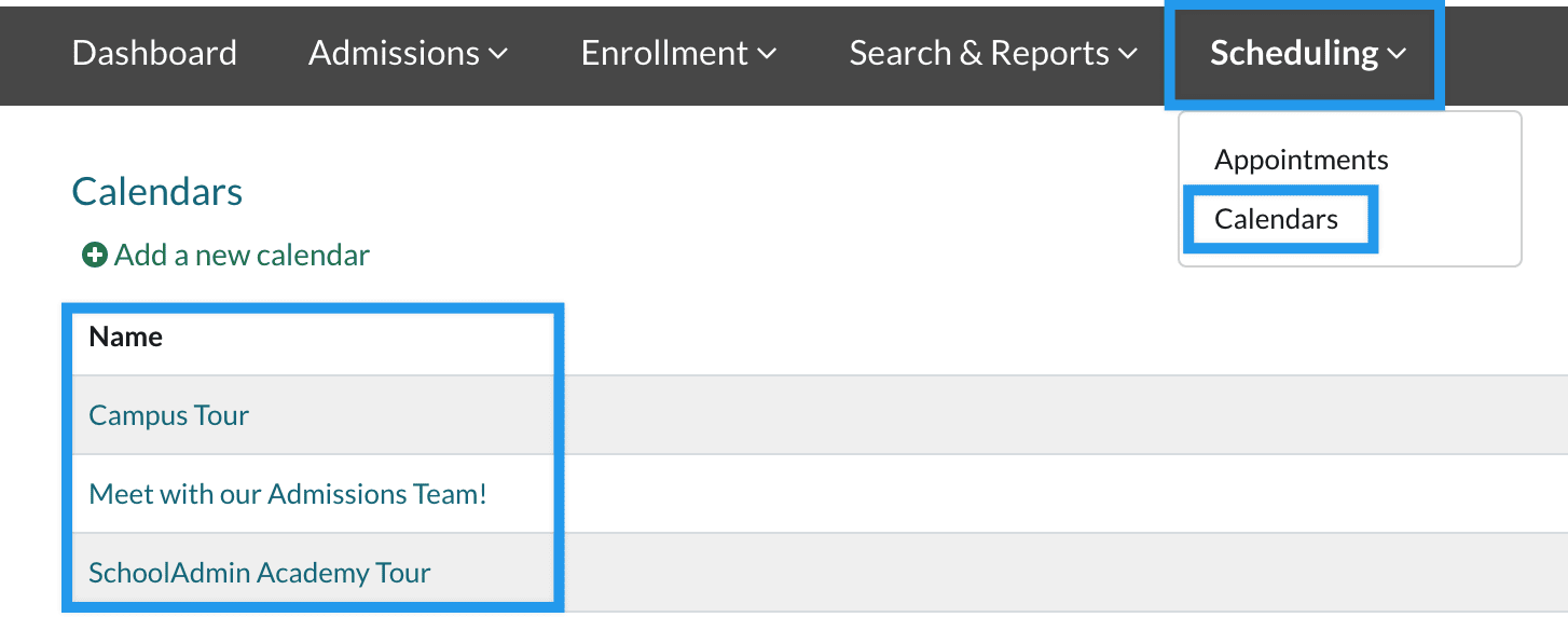 Calendars page where you can select a calendar to edit.