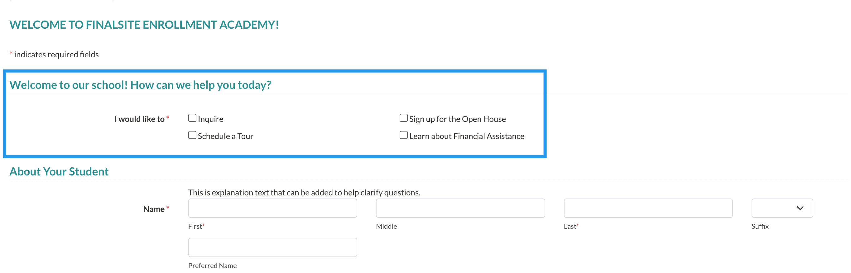 Example top section of the inquiry form with the call to action section highlighted