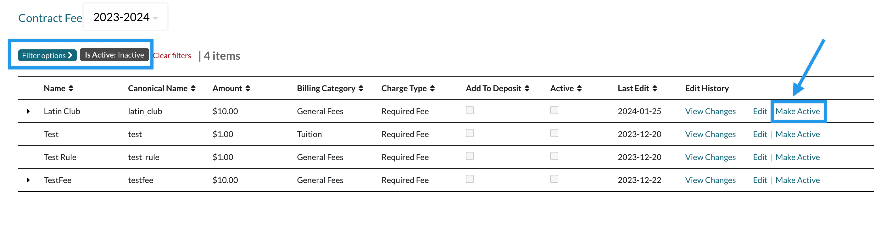 Contract Fees filtered to show inactive fees