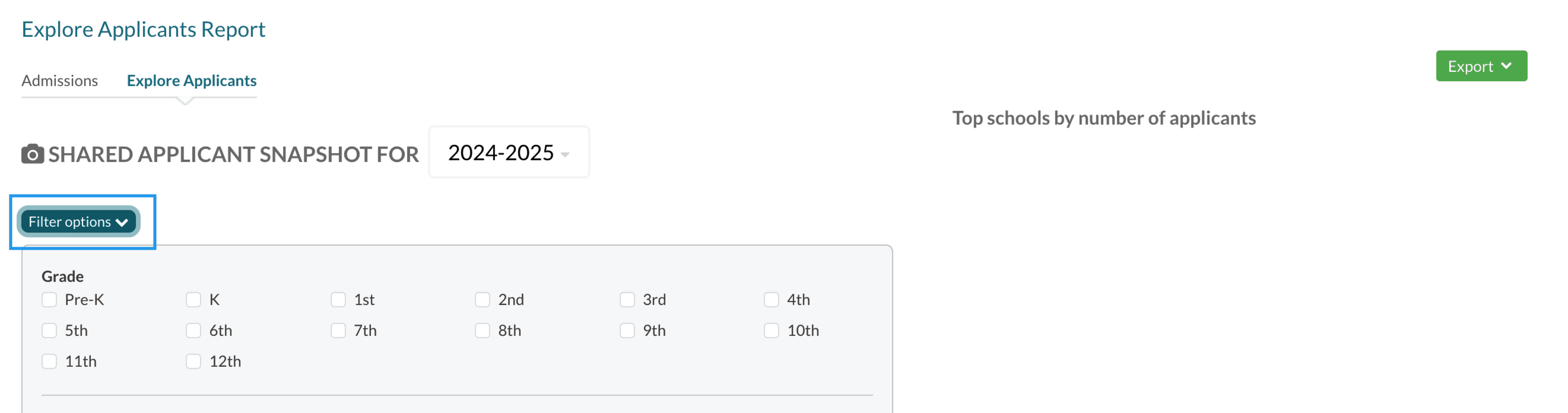 Filter Options in the Explore Applicants Report