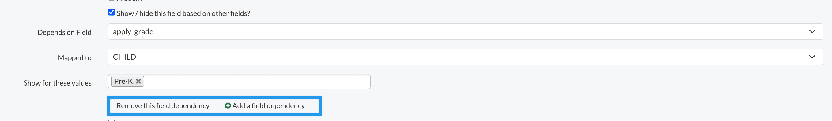The section of adding a dependency to a field in the advanced form editor
