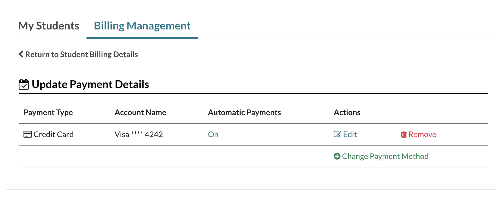 Update Payment Details page in the parent Billing Management Tab.