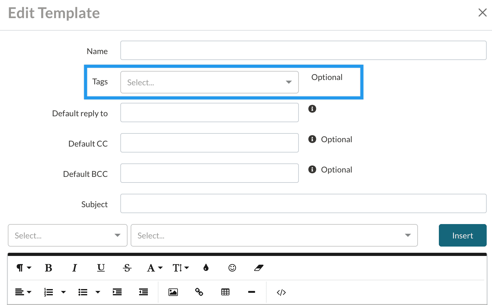 Email template editor options with a box around the Tags section to highlight the feature.