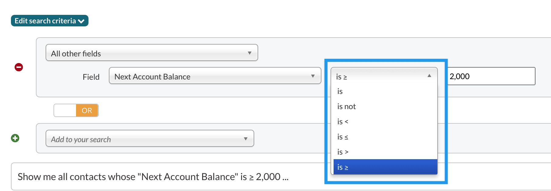 An example search showing the greater or less than options in a billing search.