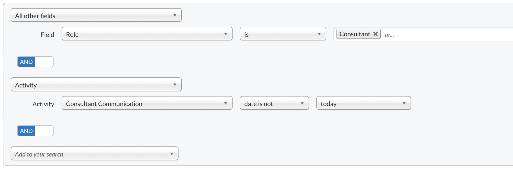 An example search pulling in all consultants who do not have an communication activity marked on the current date