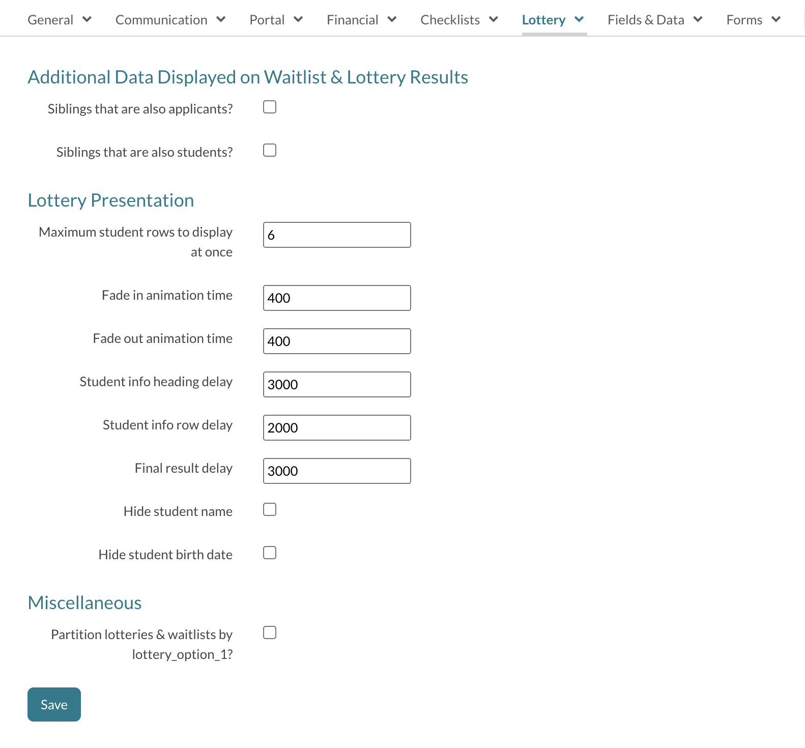 Whole view of the Lottery settings page.