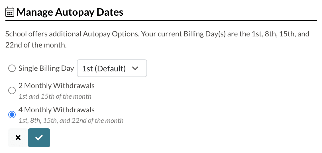 Manage Autopay section of the Billing Management tab in the parent portal.