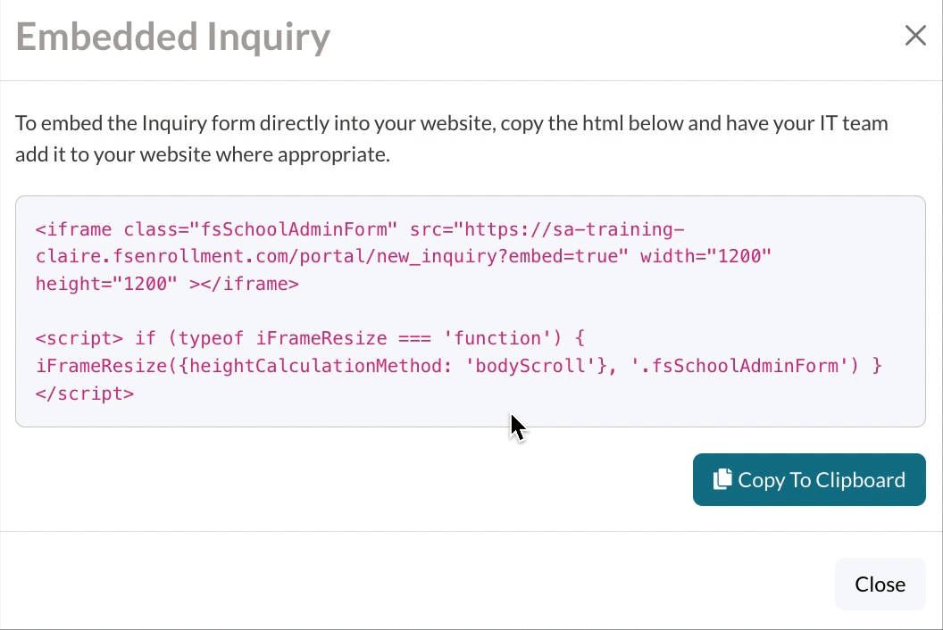 GIF of copying the source url from an inquiry embed code