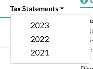 tax statement dropdown open, showing multiple years.