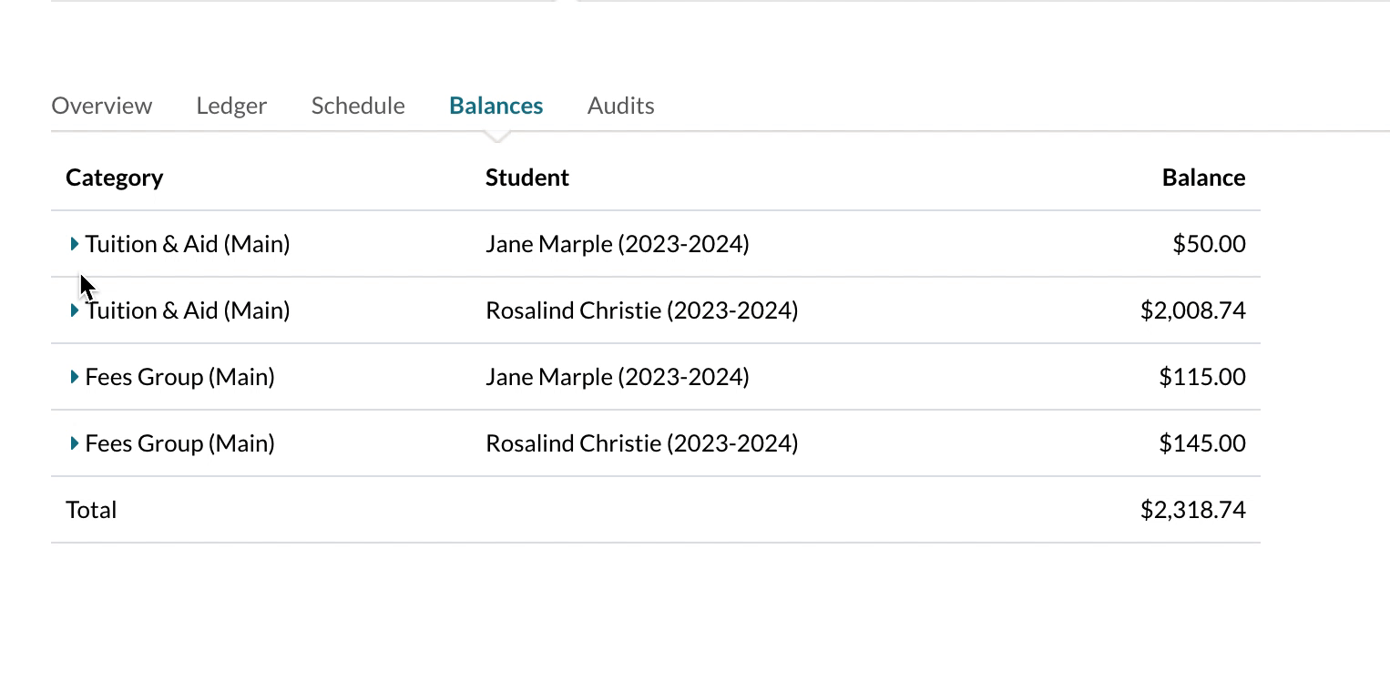 GIF of expanding the Category groups on the balances tab to show the amounts owed in each category.