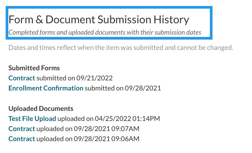 image of the form and document submission history section of the record